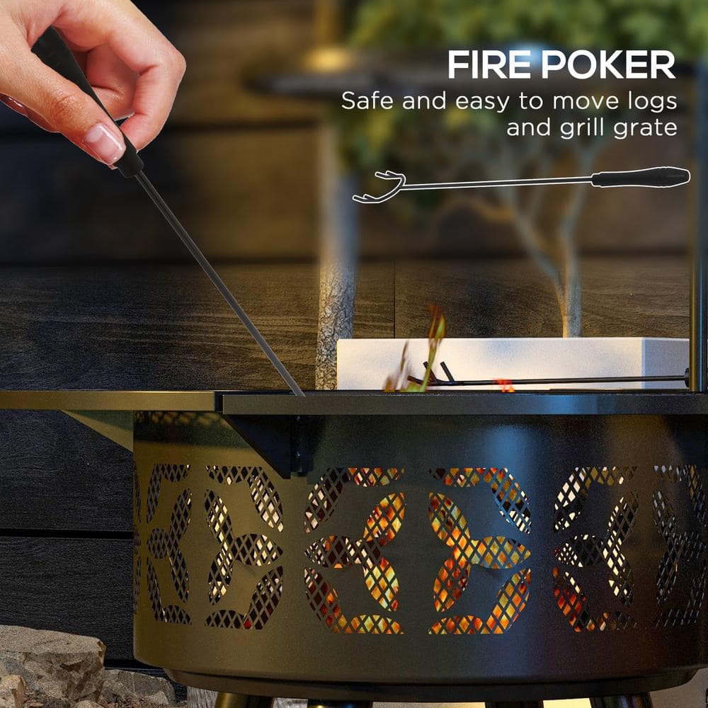 33" Black Steel Round Free-standing Fire Pit with Adjustable Grill