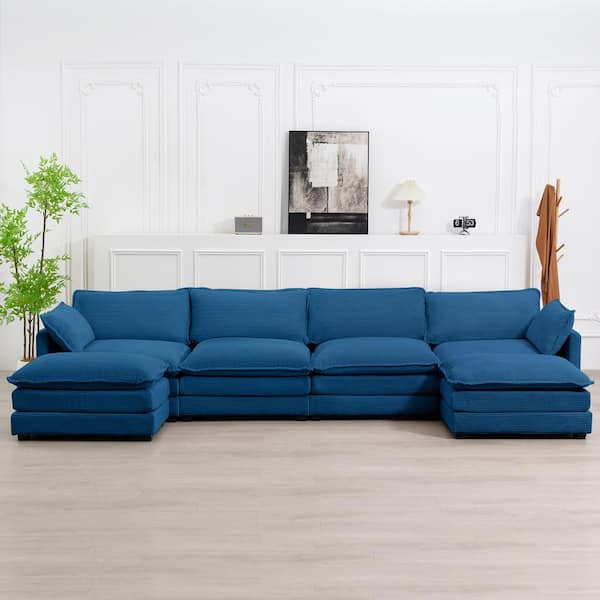 JEAREY 147 in. W 6-Piece Modern Fabric Sectional Sofa with Ottoman in Navy