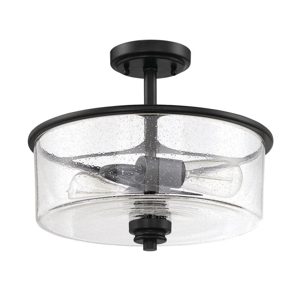 Flat Black 13" Drum Shade Semi-Flush Mount Light with Clear Glass