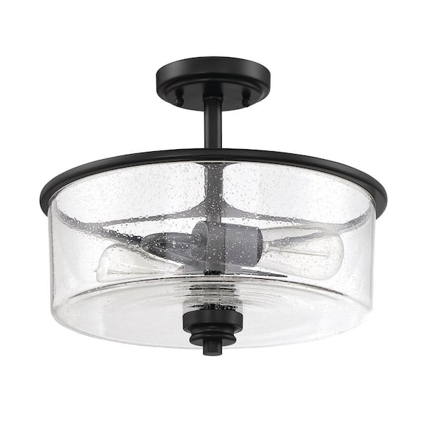 CRAFTMADE Bolden 13 in. 2-Light Flat Black Transitional Convertible Semi-Flush Mount with Seeded Glass Shade and No Bulbs Included
