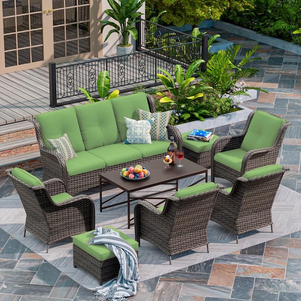 MeetLeisure 8-Piece Patio Conversation Sofa Set Furniture Sectional Seating Set with Green Cushion and Coffee Table