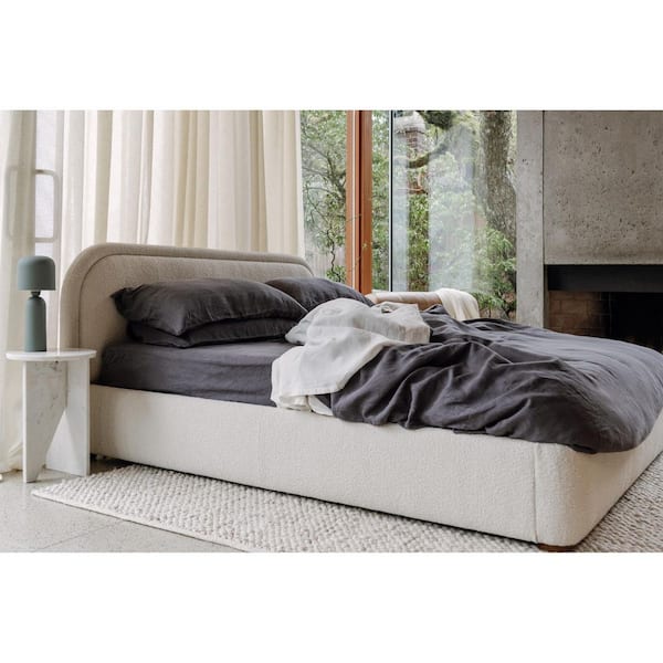 Eros Beige Solid Pine Frame King Platform Bed with Velvet Upholstery and Curved Design