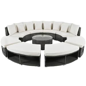 9-Piece Wicker Outdoor Circular Sofa Lounge Sectional Set with Beige Cushions, Tempered Glass Coffee Table and 6 Pillows