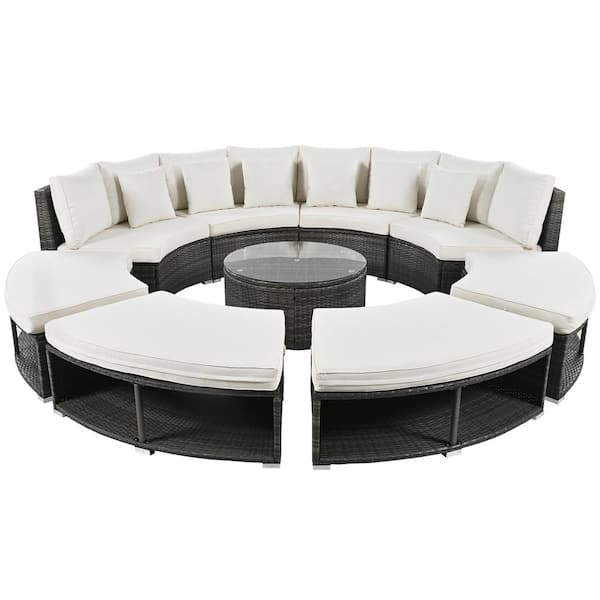 Sudzendf 9-Piece Wicker Outdoor Circular Sofa Lounge Sectional Set with Beige Cushions, Tempered Glass Coffee Table and 6 Pillows