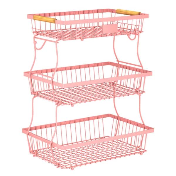 1 Piece 3-Tier Metal Fruit Basket with Wooden Handle and Banana Hangers Set