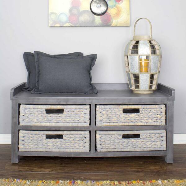 HomeRoots Grey MDF Water Hyacinth Storage Bench with Baskets (39.75 in. W x 14 in. D x 18 in. H)
