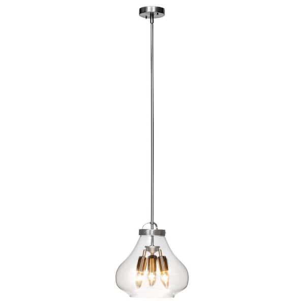 Globe Electric 3-Light Brushed Steel Pendant with Clear Glass Shade