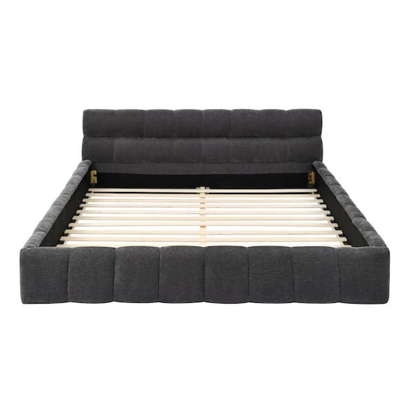 Dark Grey Chenille Frame Queen Platform Bed with Thick Fabric Headboard and Solid Composite Frame, No Box Spring Needed