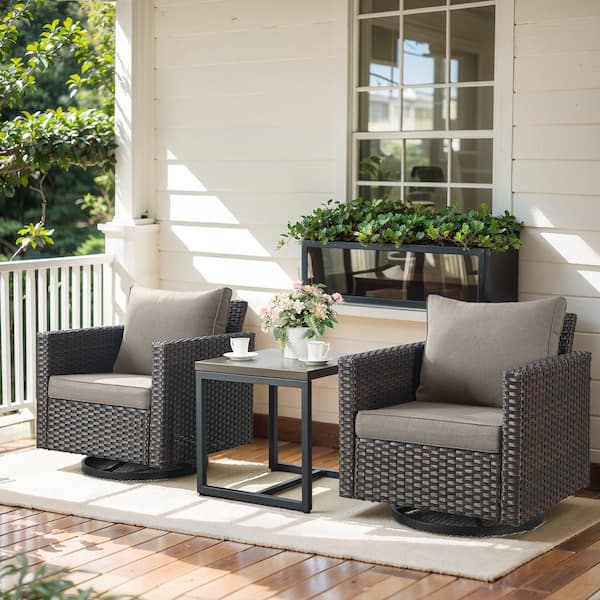 Opohoro Brown 3-Piece Wicker Patio Conversation Set, Outdoor Swivel Rocking Chairs with Side Table and Gray Cushions for Balcony