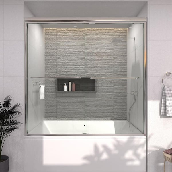 60 in. W x 56 in. H Sliding Semi Frameless Tub Door in Chrome Finish with Clear Glass