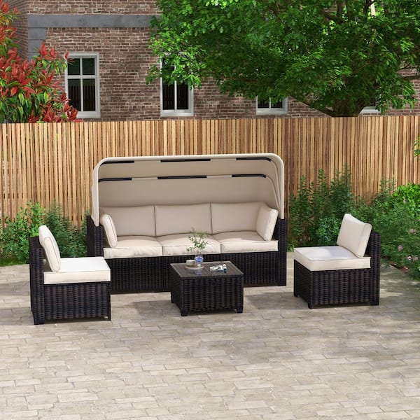 Tenleaf 6-Piece Brown Wicker Outdoor Sectional Set with Beige Cushions, Retractable Canopy and Adjustable Backrest
