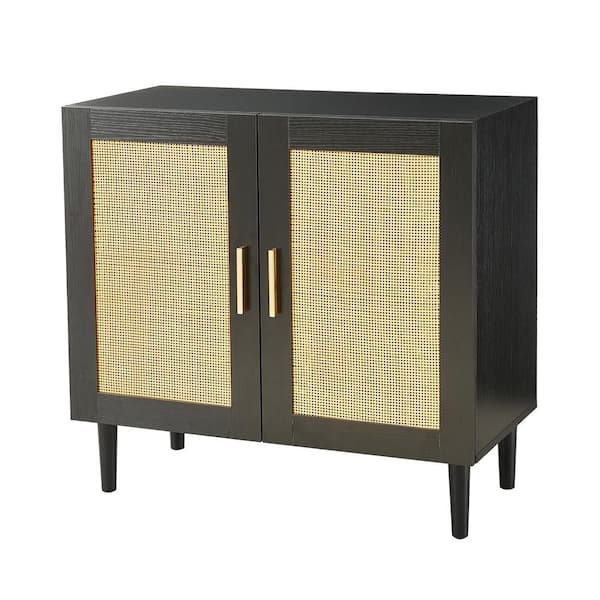 Rattan Storage Buffet: Side Panel Design, Natural Doors, Adjustable Shelves in Black