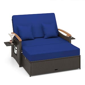 2-Piece Wicker Outdoor Day Bed Set with Cushioned Loveseat and Storage Ottoman for Porch with Navy Cushions