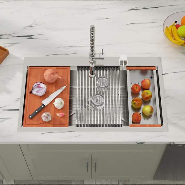 36 in. Drop In 16 Gauge 304 Stainless Steeel Kitchen Sink Extra Large Single Bowl Workstation Sink, Topmount Sinks Set