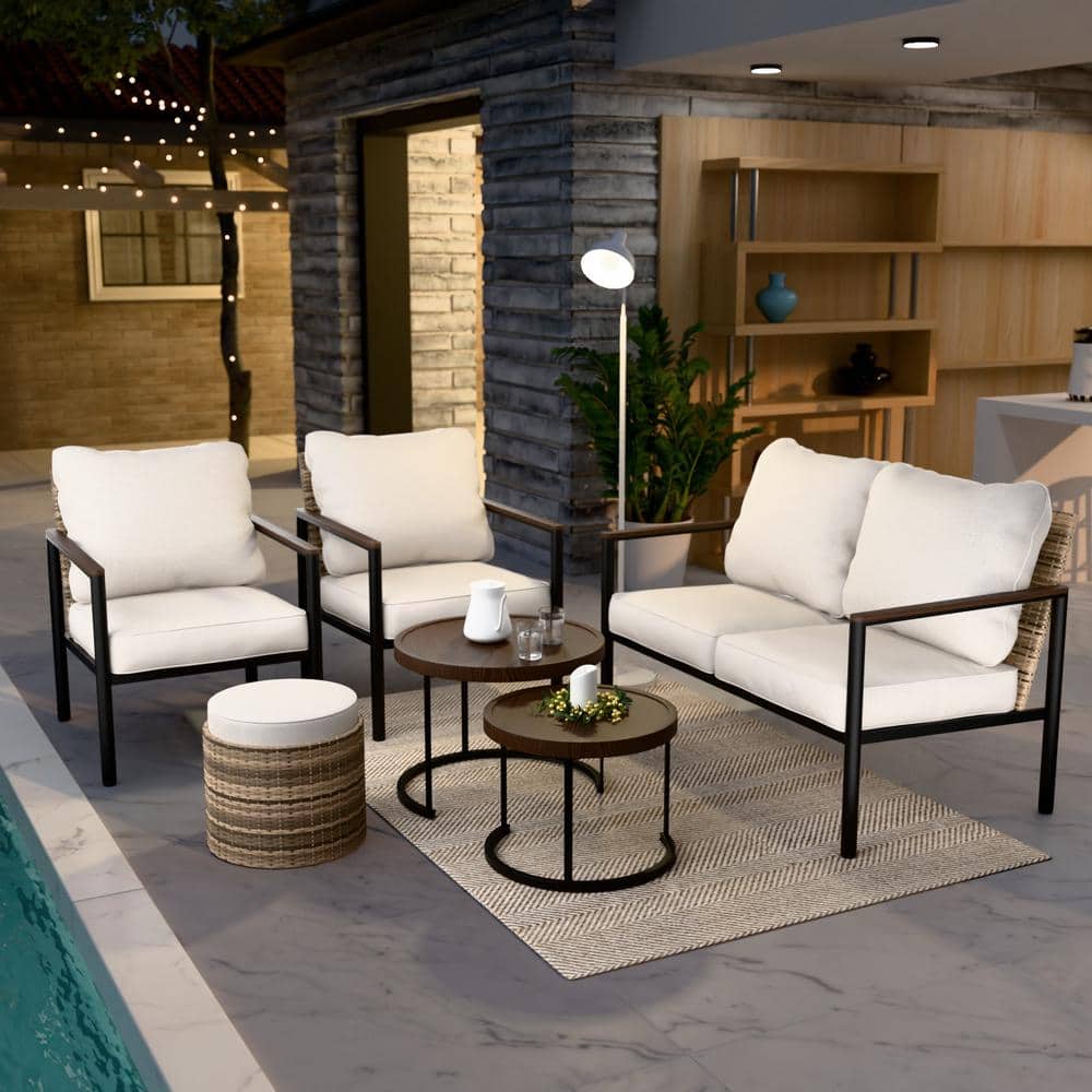 6-Piece Light Brown Wicker Outdoor Patio Conversation Set with Wood Grain Top Coffee Tables and Ottoman, Beige Cushions