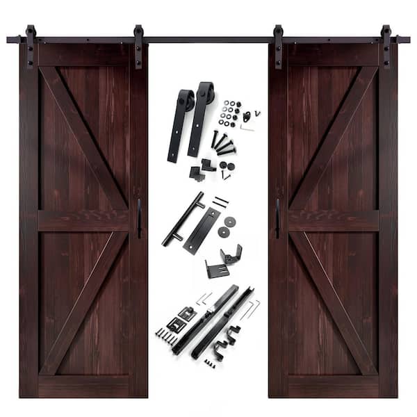 HOMACER 32 in. x 84 in. K-Frame Red Mahogany Double Pine Wood Interior Sliding Barn Door with Hardware Kit Non-Bypass