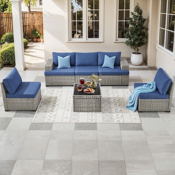 Modern Modular 6 Pieces Patio Furniture Set Outdoor Wicker Sectional Sofa with Coffee Table Comfy Blue Cushions