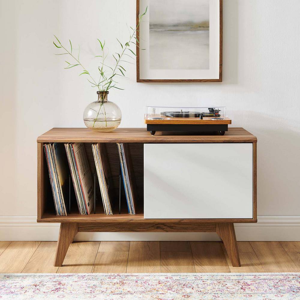 Envision Walnut & White Vinyl Record Display Stand with Sliding Door