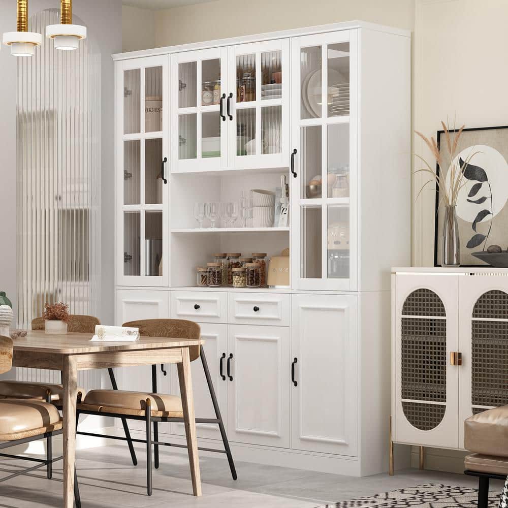 White Gloss 78.7" Kitchen Pantry Cabinet with Glass Doors and Drawers