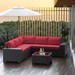 6-Piece Wicker Outdoor Sectional Set with Red Cushion