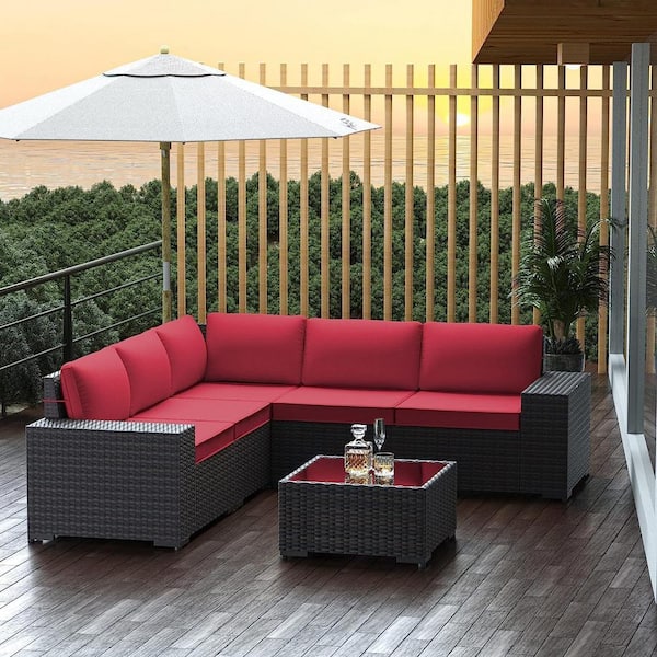 Halmuz 6-Piece Wicker Outdoor Sectional Set with Red Cushion