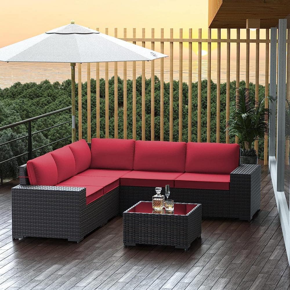 Halmuz 6-Piece Wicker Outdoor Sectional Set with Red Cushion