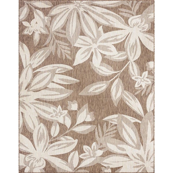 Tayse Rugs Eco Floral Brown 8 ft. x 10 ft. Indoor/Outdoor Area Rug