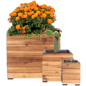 3-Piece Acacia Wood Square Planter Boxes with Plastic Liners - Light Brown Stain