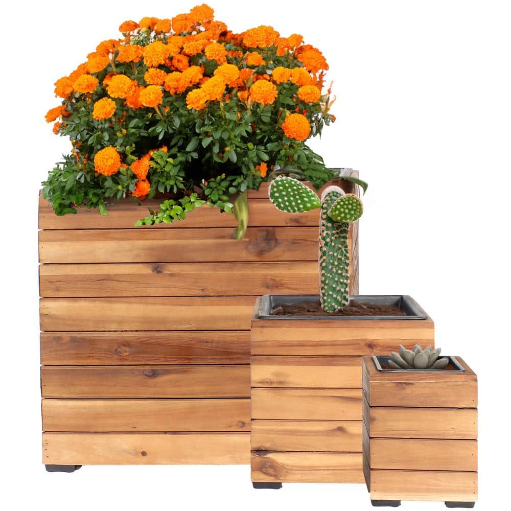 Set of 3 Light Brown Acacia Wood Square Planter Boxes with Plastic Liners