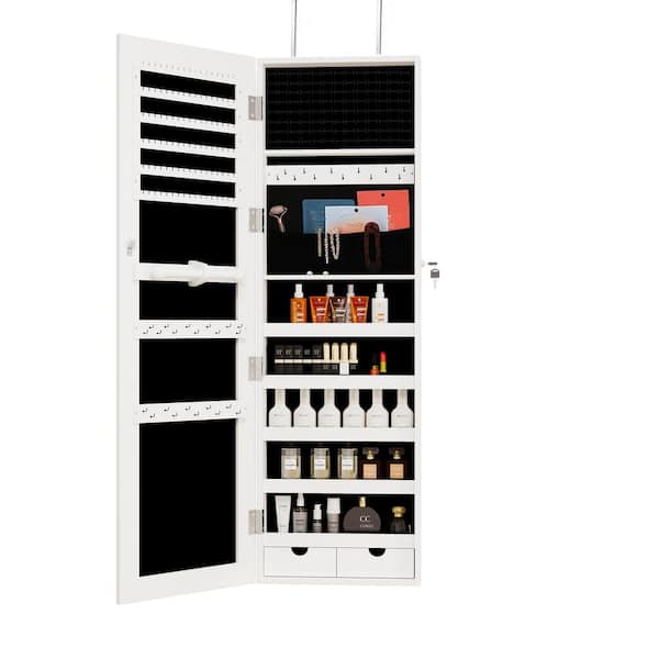 Unbranded White MDF Mirror Jewelry Cabinet, 47.2 in. Large Capacity Lockable Jewelry Armoire Organizer