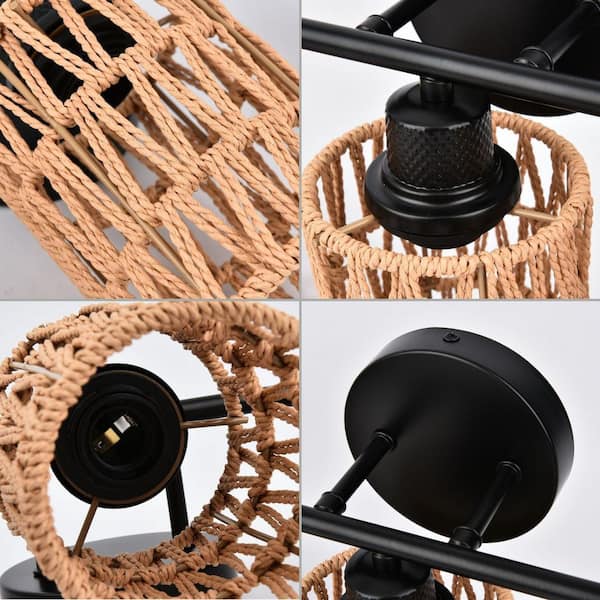 Nafissa 18.89 in. 3-Light Black Vanity Light Farmhouse Bathroom Light with Rattan Lampshades