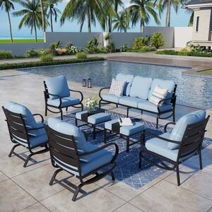 Black Slatted 9-Seat 7-Piece Metal Outdoor Patio Conversation Set with Blue Cushions, 2 Rocking Chairs, 2 Ottomans