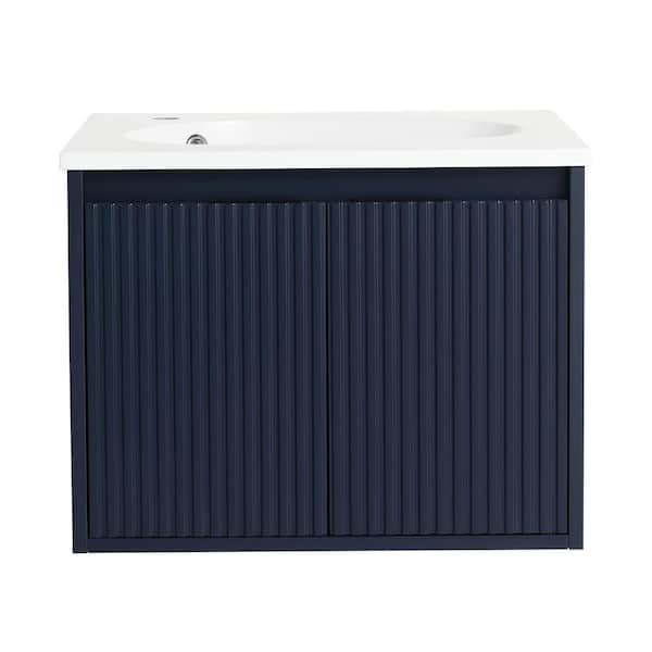 JimsMaison 24 in. W x 18 in. D x 18 in. H Single Sink Wall Mounted Bath Vanity in Navy Blue with White Cultured Marble Top