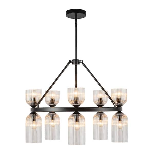 Nelly 26-in 10 Light 40-Watt Matte Black/Clear Ribbed Glass Chandelier