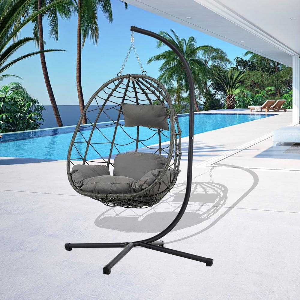 Gray Steel Outdoor Hanging Egg Chair with Cushions