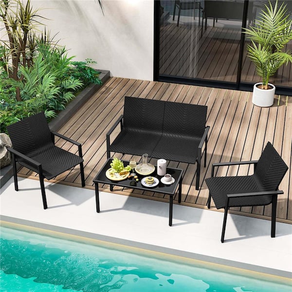 4-Piece Metal Rattan Patio Conversation Set with Heavy-Duty Galvanized Metal Frame Black