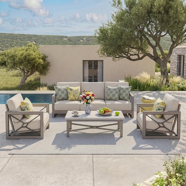 Marindo 4-Piece Aluminum Patio Outdoor Conversation Set with Echo Dune Sunbrella Cushions