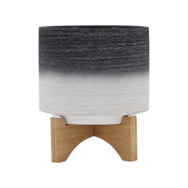 Liv & Skye 8 in. x 9 in. Gray Ceramic 2-Toned With Rubberwood Stand Planter