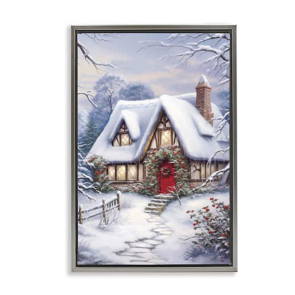 Niveous Winter Cottage by Heidi Kuntz Gray Floater Frame Nature Graphic Art Print 31 in. x 21 in.