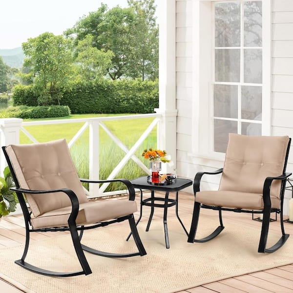 Unbranded 3-Piece Iron Outdoor Bistro Set with Brown Thickened Cushion and Glass-Top Coffee Table