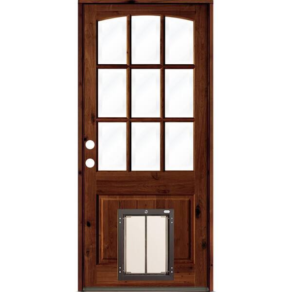 Krosswood Doors 32 in. x 80 in. Knotty Alder Right-Hand/Inswing 9-Lite Clear Glass Red Chestnut Stain Wood Prehung Front Door w/Dog Door