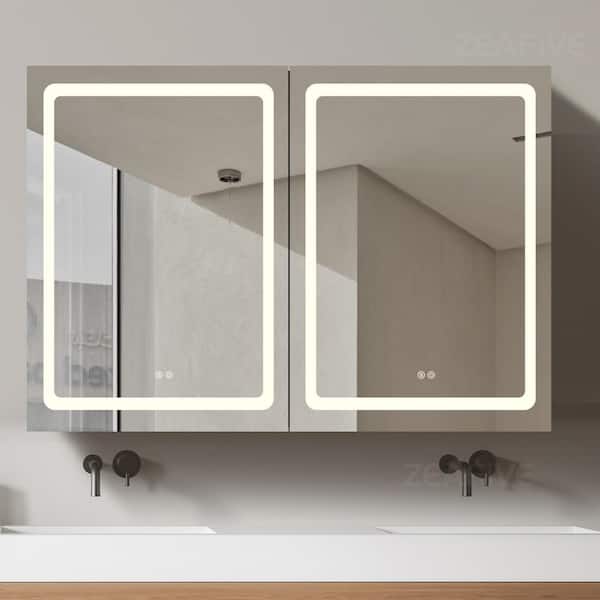 Zeafive 40 in. W x 30 in. H Rectangular White Aluminum Surface Mount Defogging Bathroom Medicine Cabinet with Mirror and Lights