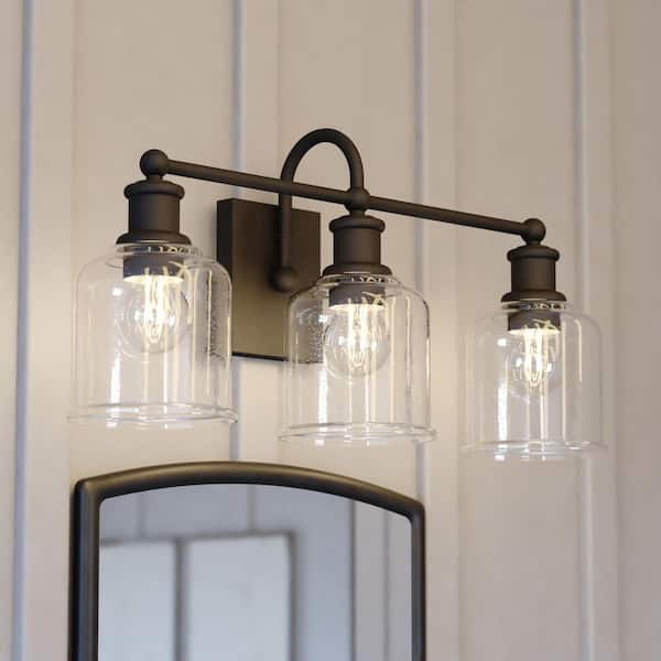 Northbrook 24 in. 3-Light Matte Black Vanity Light with Clear Seeded Glass Shade, LED Compatible Bathroom Wall Sconce