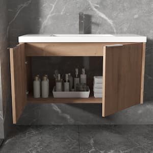 36 in. W x 18 in. D x 19 in. H Float Mounting Bath Vanity in Imitative Oak with White Resin Basin Top, Soft Close Doors