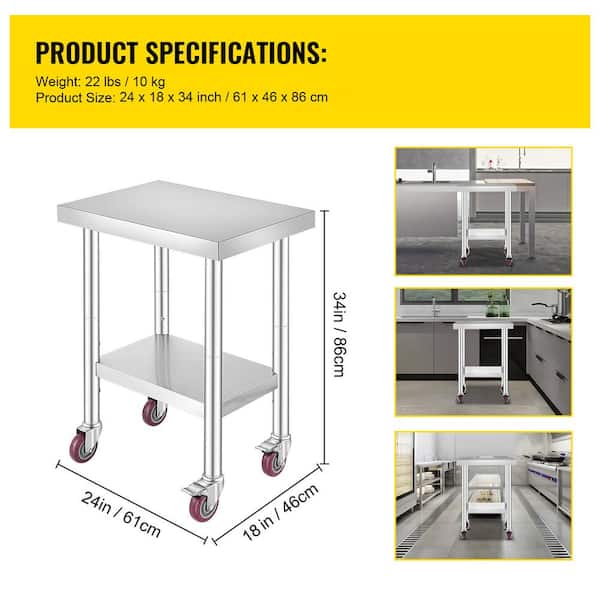 Silver Stainless Steel Rolling Table 24 x 18 x 34 in. Kitchen Prep Table with Wheels and Brake Kitchen Utility Table