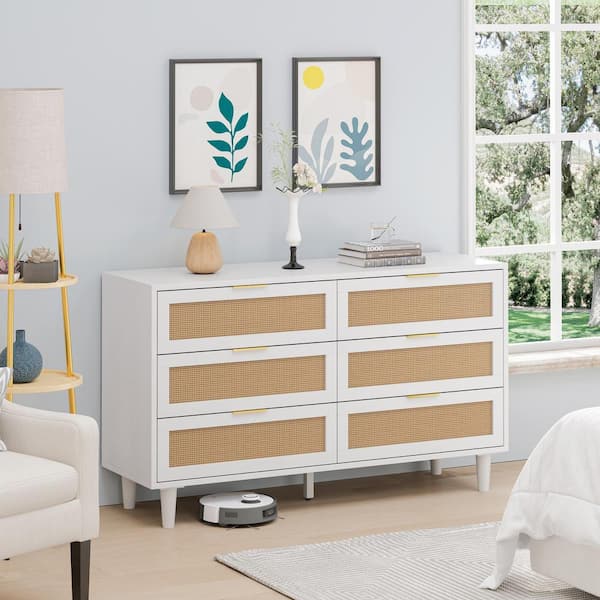 51.18 in. 6-Drawers Rattan Storage Cabinet Rattan Drawer, for Bedroom, Living Room, White