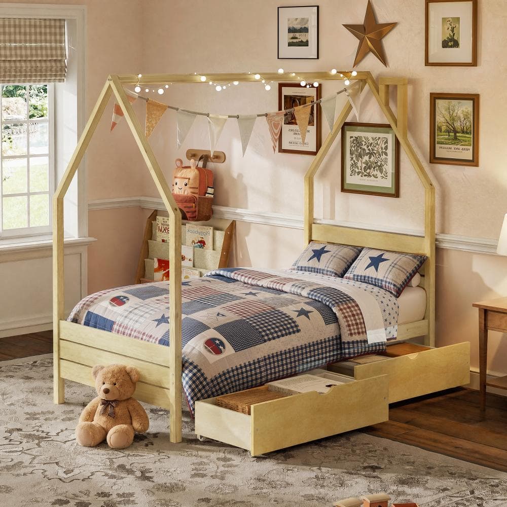 Natural Twin Size Wood Frame Platform bed with Headboard and 2 Storage Drawers price history on PriceWatchPro