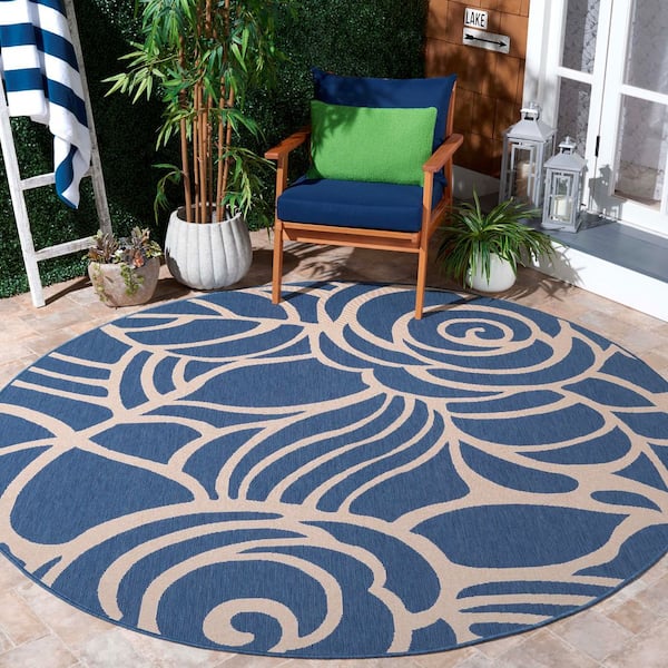 Courtyard Blue/Beige 8 ft. x 8 ft. Round Floral Indoor/Outdoor Patio  Area Rug
