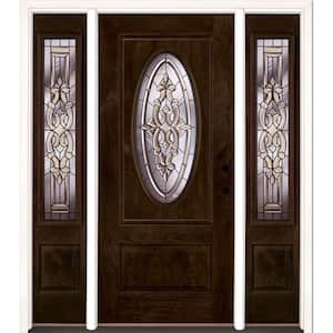 63.5 in.x81.625in.Silverdale Patina 3/4 Oval Lt Stained Chestnut Mahogany Lt-Hd Fiberglass Prehung Front Door w Sidelite