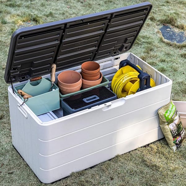110 Gal. Large White Resin Deck Box with Lockable Lid Z0DCJQZ5RF